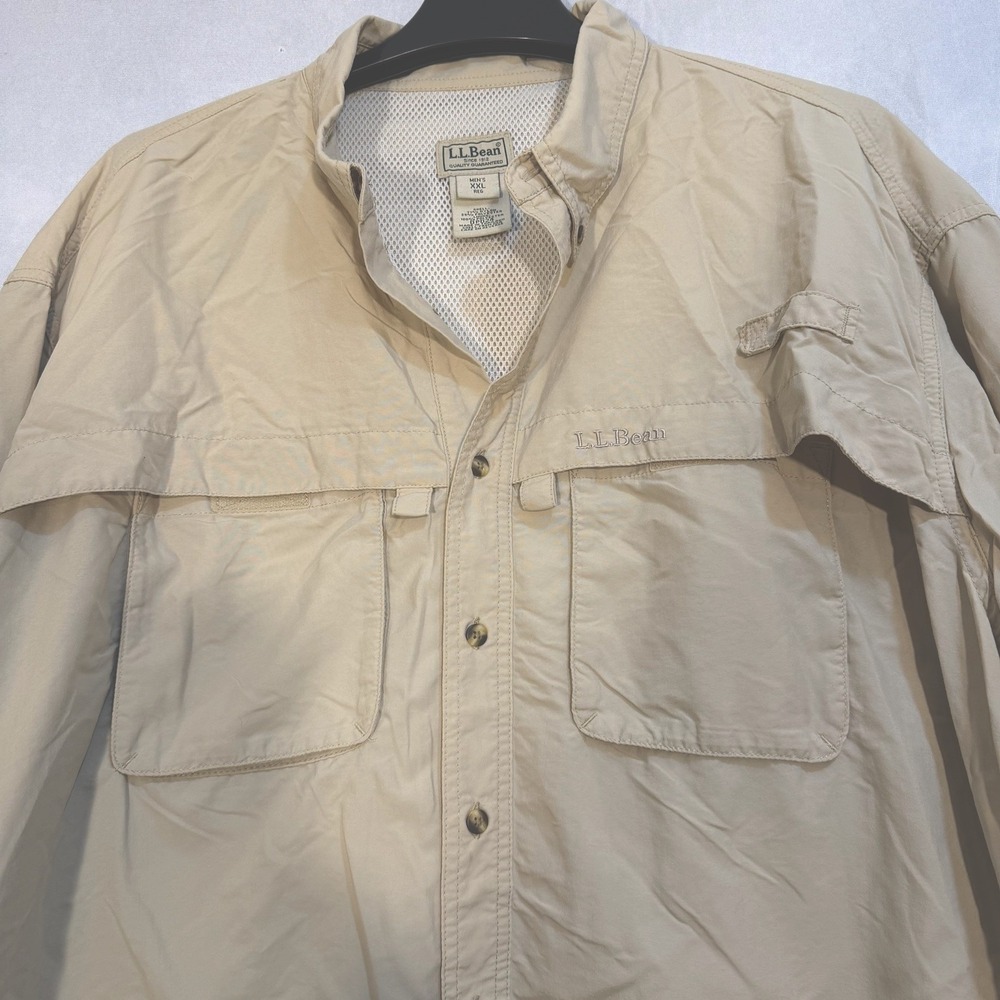 LL Bean Vintage Long Sleeve Button Up Fishing Camping Vented Shirt Beige 2XL